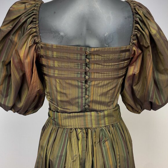 ALBERT NIPON VTG 70's Balloon Sleeves Chocolat Brown Green Taffeta Tent Dress S‎ - Picture 8 of 12